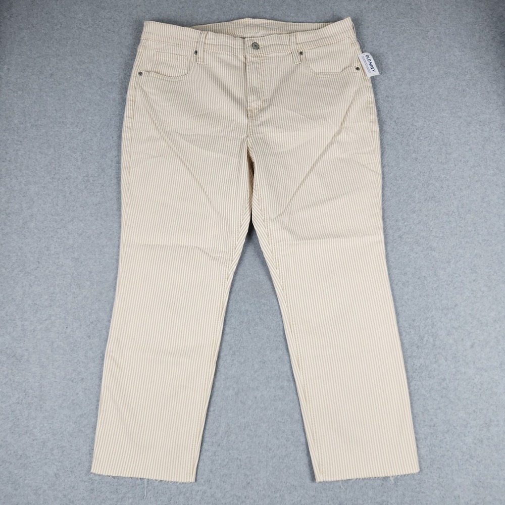 Old Navy Boyfriend Pants Womens 16 Beige Striped Mid-Rise Raw Hem Everyday Wear
